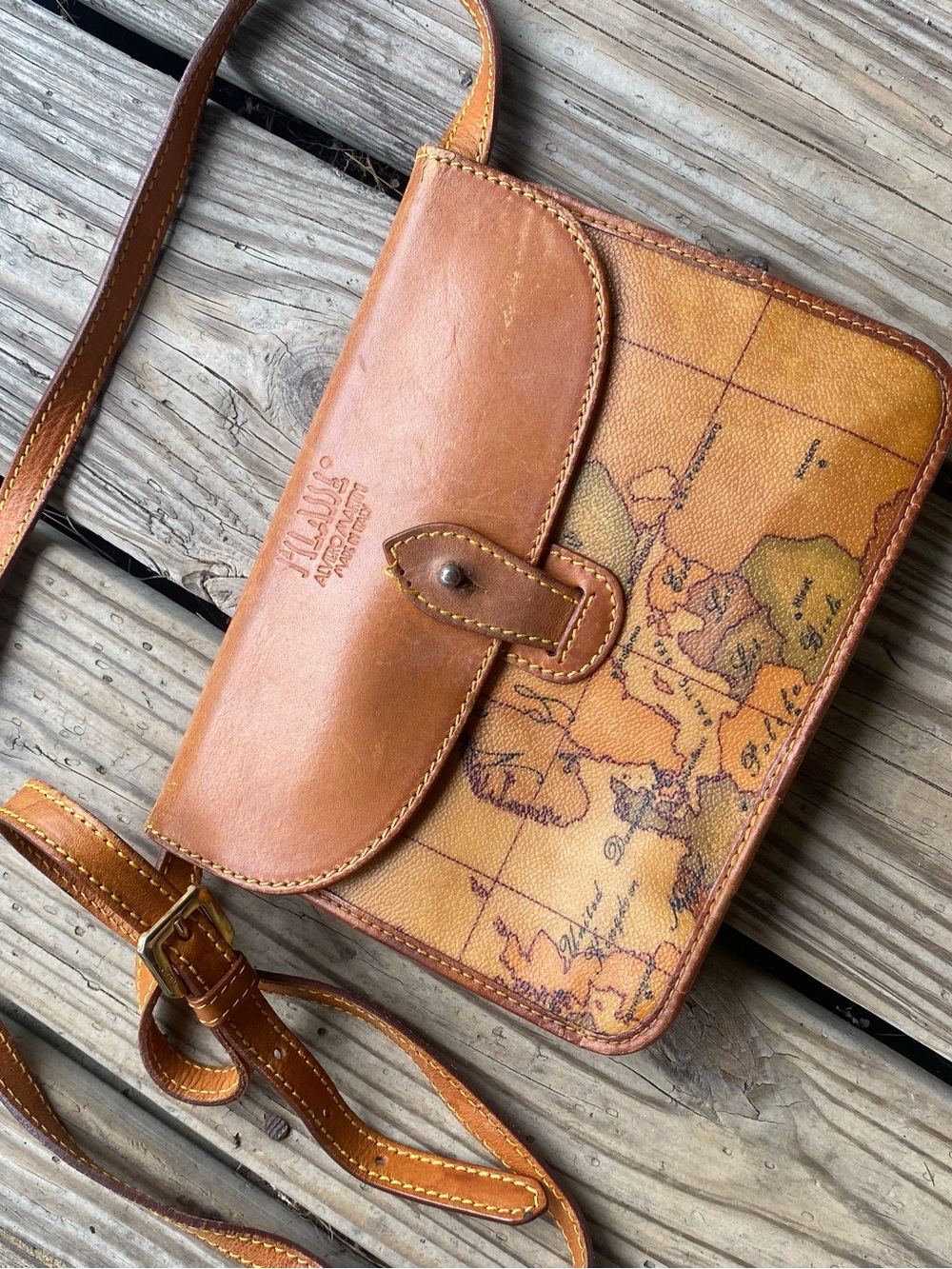 Alviero Martini Map-Print Leather Crossbody in Tan and Brown